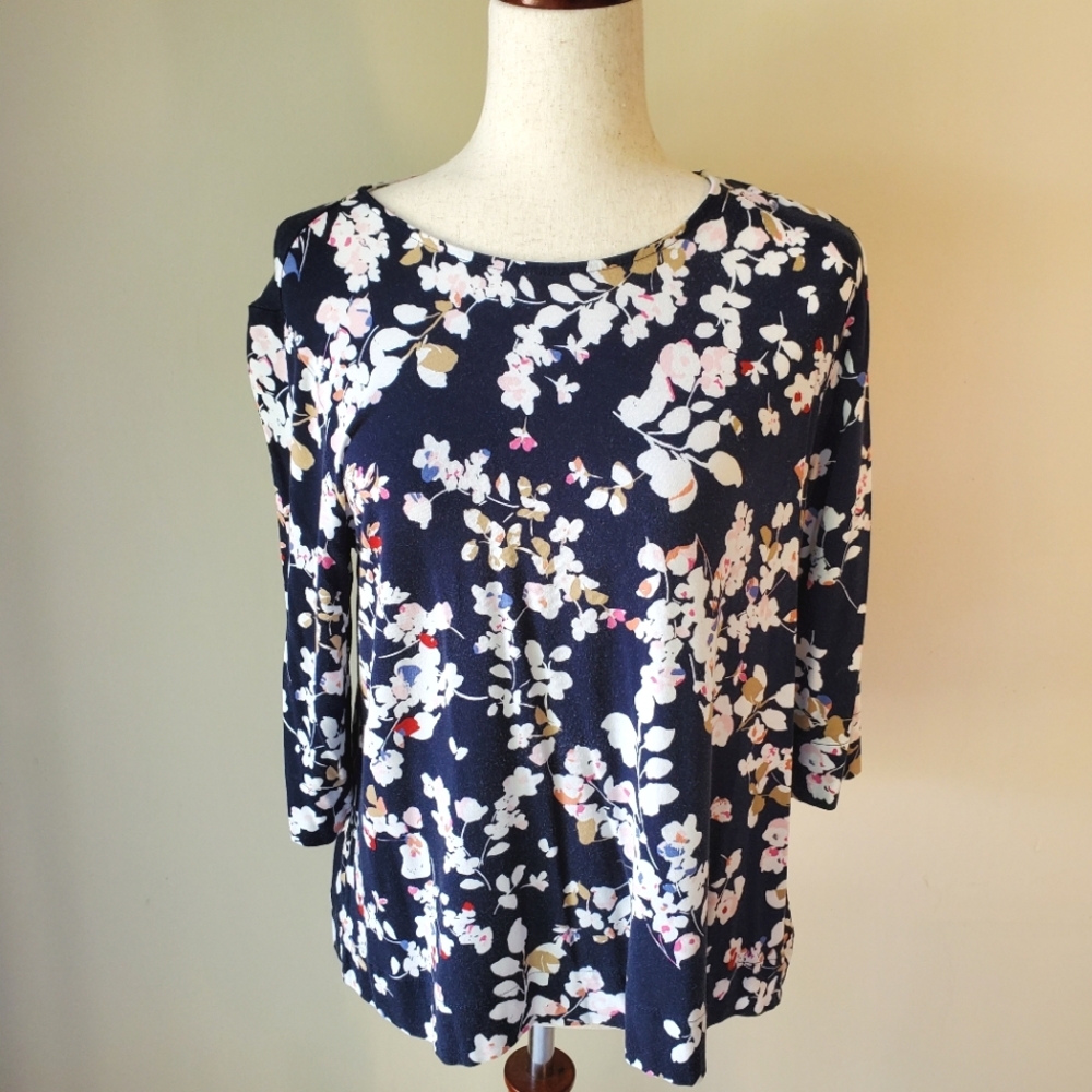J. Jill Medium Petite Navy Floral Casual Blouse Top - Picture 2 of 14